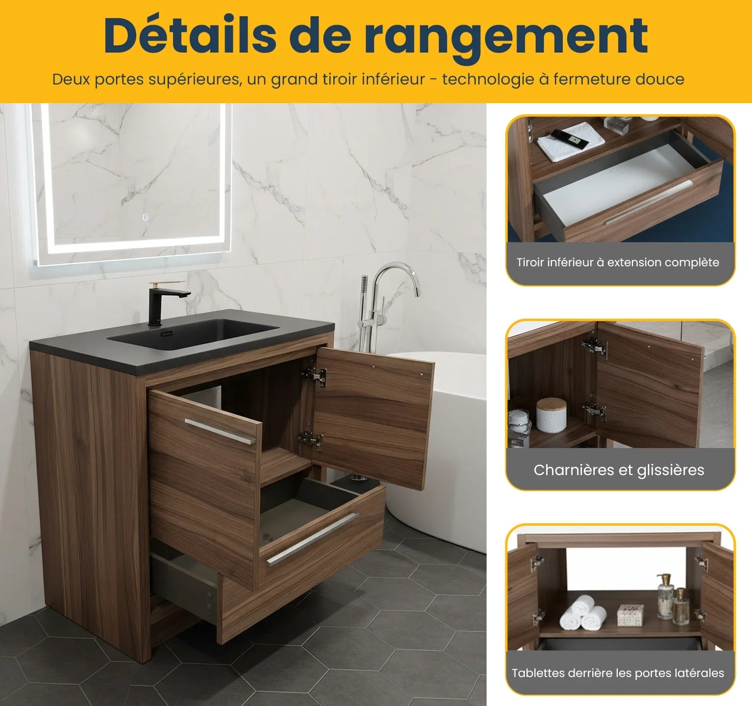 36" Walnut Freestanding Bathroom Vanity with Black Engineered Quartz Countertop