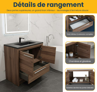 36" Walnut Freestanding Bathroom Vanity with Black Engineered Quartz Countertop