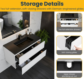 40" White Wall Mount Bathroom Vanity with Black Engineered Quartz Countertop