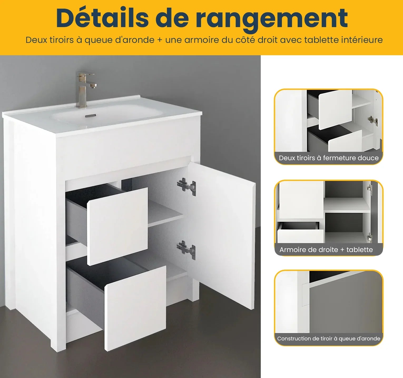 Meuble-Lavabo Autoportant 30po Blanc Mat avec Comptoir de Céramique Blanc