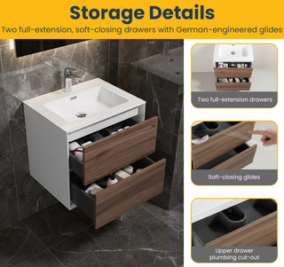 24" Walnut Wall Mount Vanity with White Polymarble Countertop