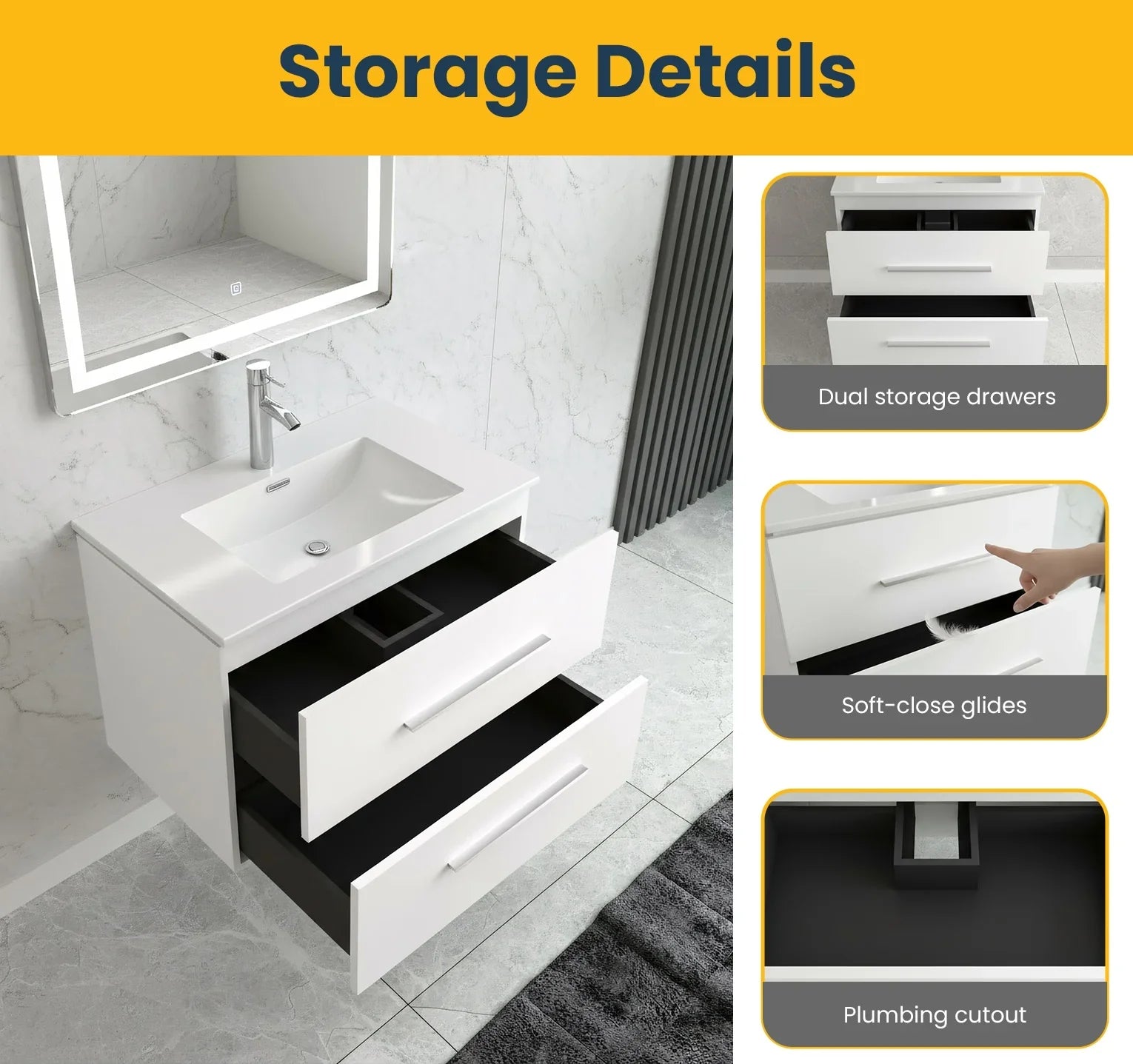 24" Matte White Wall Mount Bathroom Vanity with White Ceramic Countertop