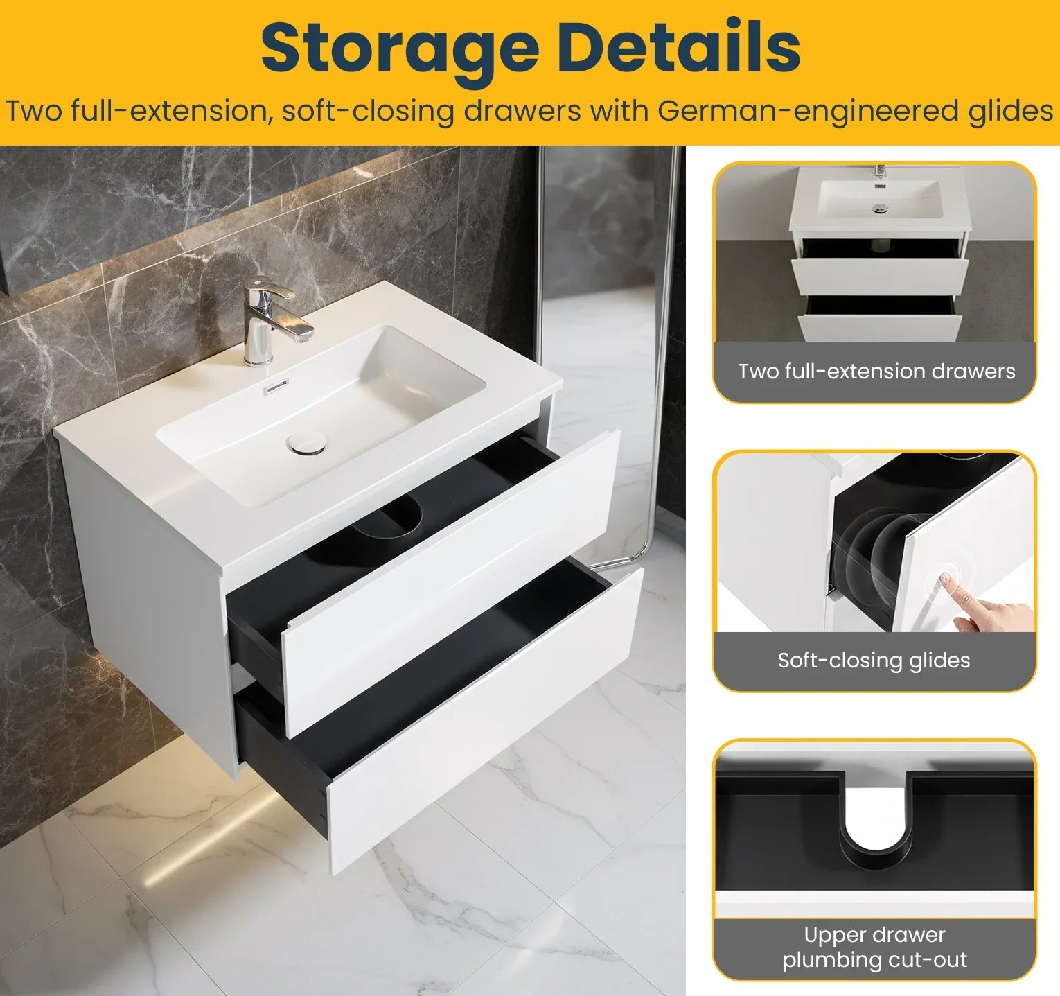 36" White Wall Mount Single Sink Bathroom Vanity with White Polymarble Countertop