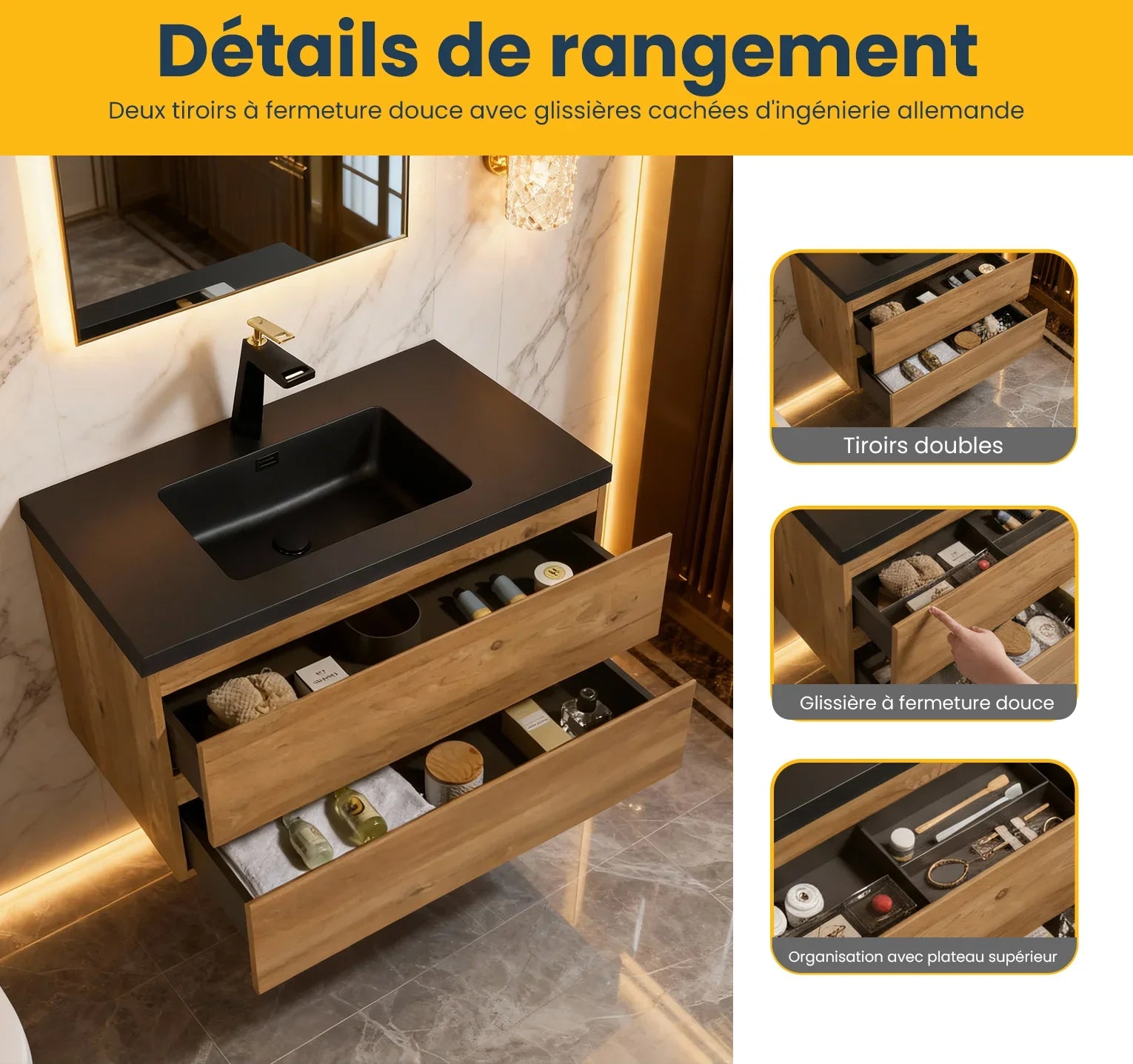 Meuble-Lavabo Mural 36po Chêne Brut avec Comptoir de Quartz d'ingénierie Noir