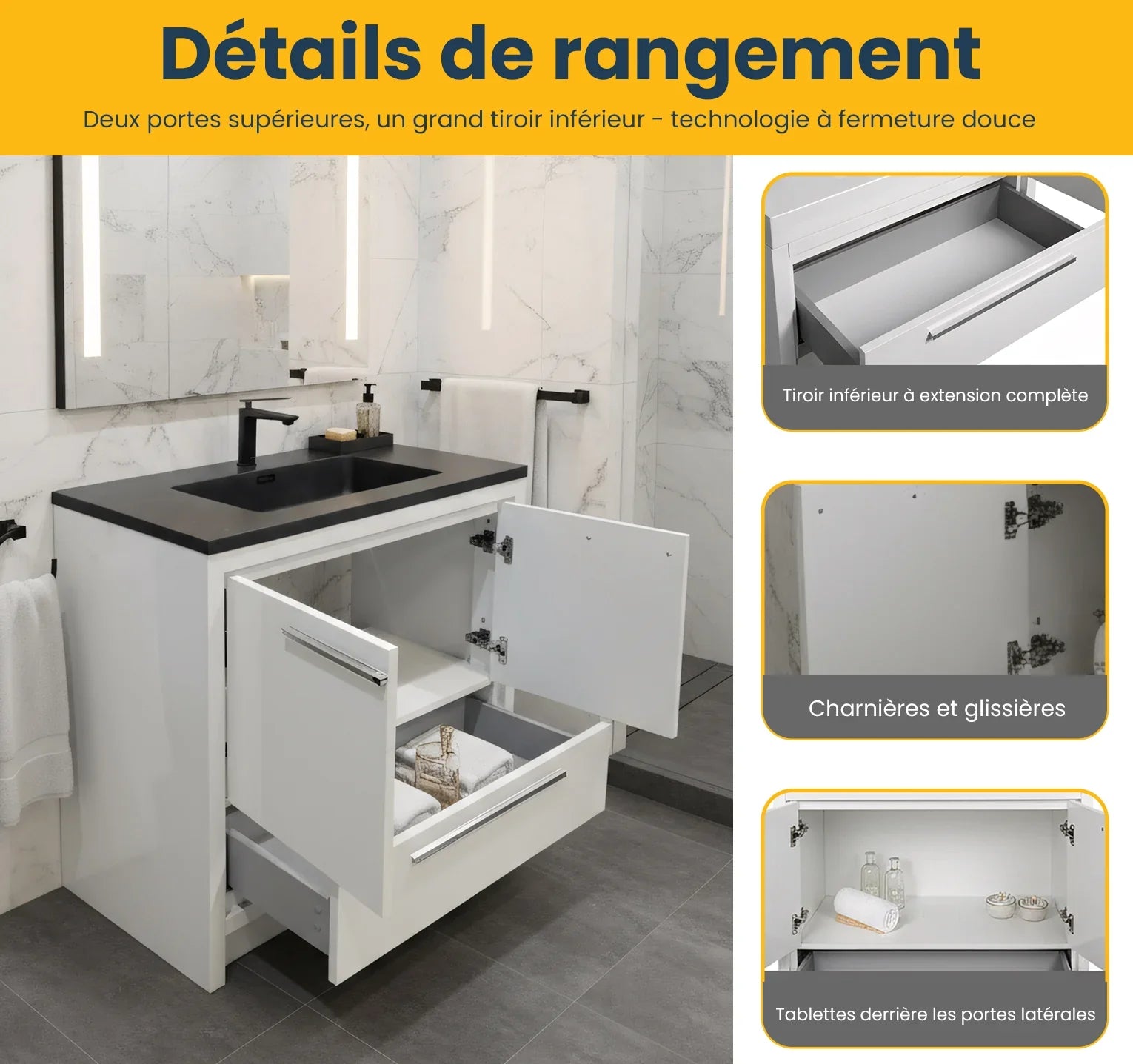 36" Glossy White Freestanding Bathroom Vanity with Black Engineered Quartz Countertop