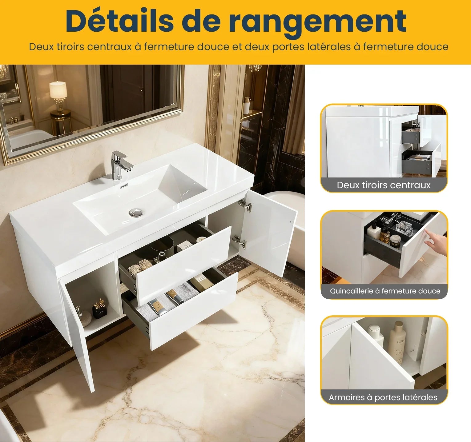 48" Glossy White Wall Mount Single Sink Bathroom Vanity with White Polymarble Countertop