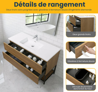 Meuble-Lavabo Mural 48po Noyer Miel Doré avec Comptoir de Polymarbre Blanc