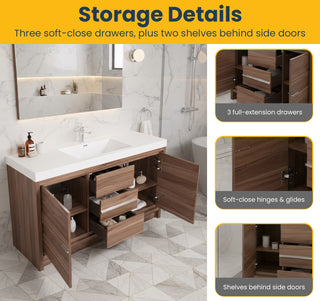 60" Walnut Freestanding Single Sink Bathroom Vanity with White Polymarble Countertop