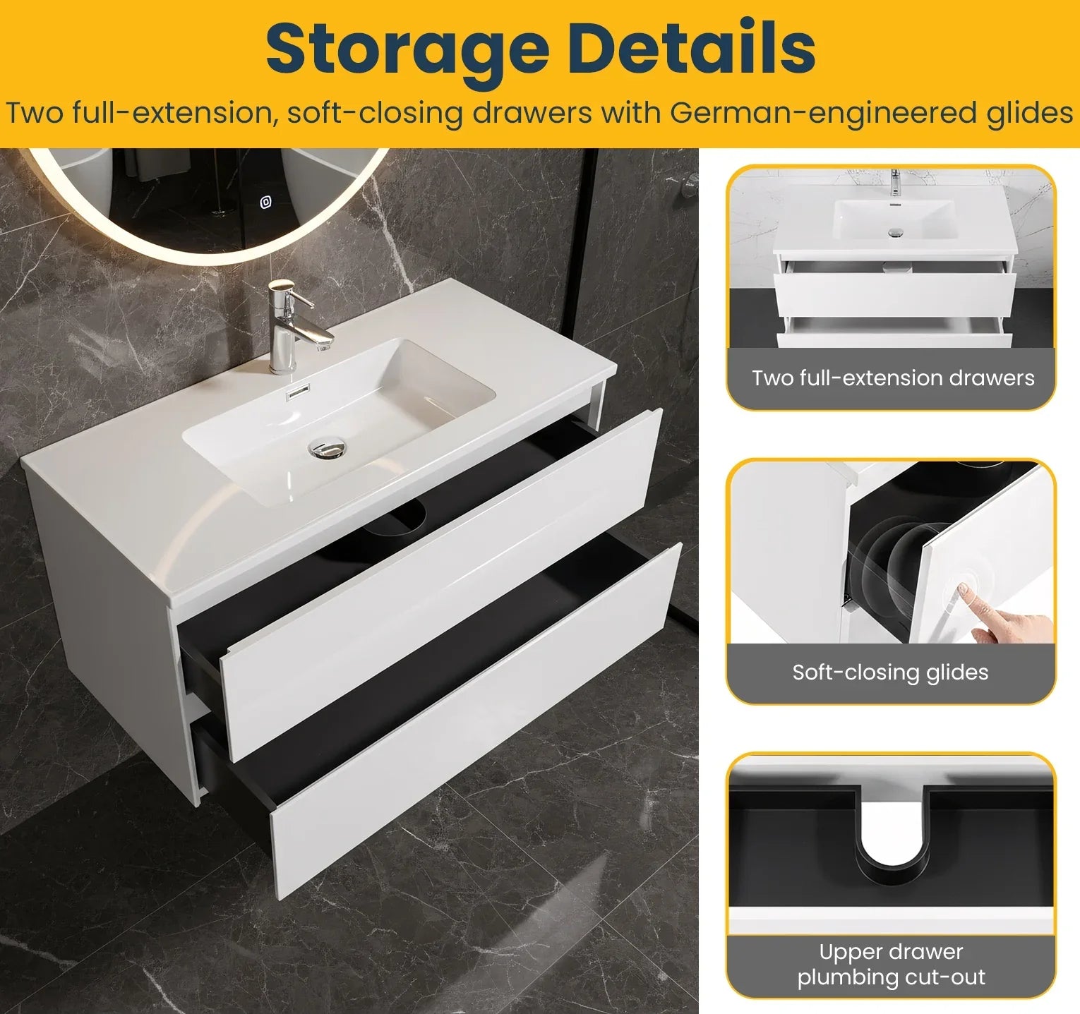 48" White Wall Mount Single Sink Bathroom Vanity with White Polymarble Countertop