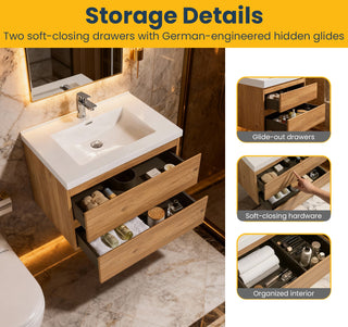 36" Rough Oak Wall Mount Bathroom Vanity with White Polymarble Countertop