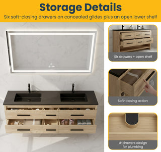 Meuble-Lavabo Autoportant 72po Chêne Brut avec Comptoir de Quartz d'ingénierie Noir