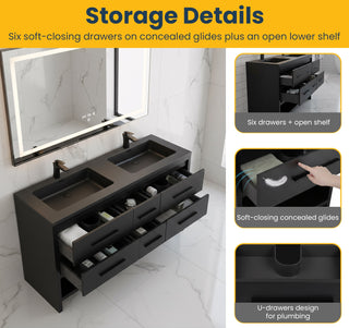 72" Black Rough Oak Freestanding Bathroom Vanity with Black Engineered Quartz Countertop