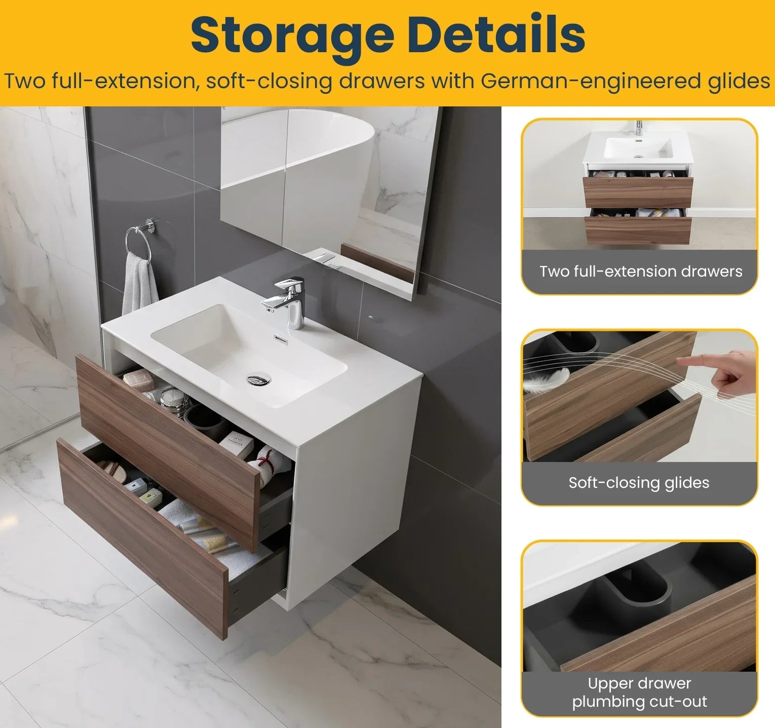 Meuble-lavabo mural en noyer 30" avec Comptoir en polymarbre blanc