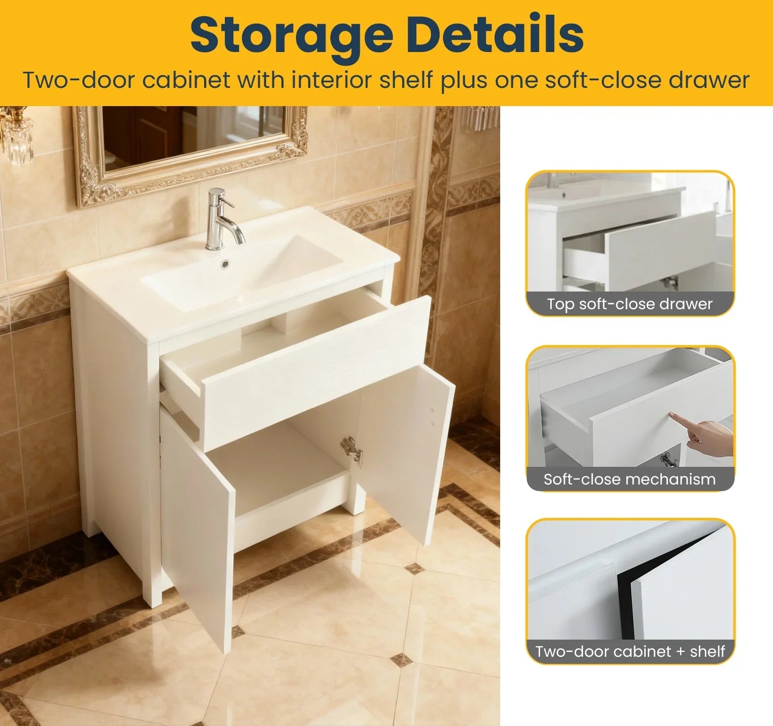 24" White Oak Freestanding Bathroom Vanity with White Ceramic Countertop