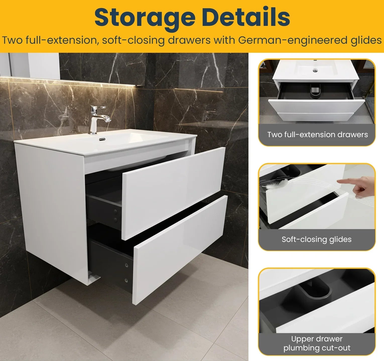 36" White Wall Mount Vanity with White Polymarble Countertop