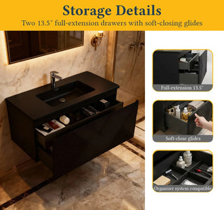 Meuble-lavabo mural noir 40" avec Comptoir en quartz noir conçu Roxboro