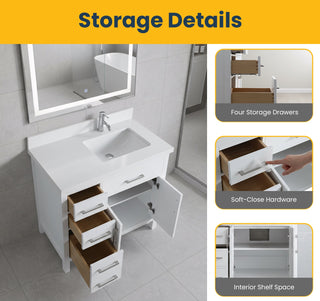 Meuble-Lavabo Autoportant 36po Blanc avec Comptoir de Quartz Blanche Neige