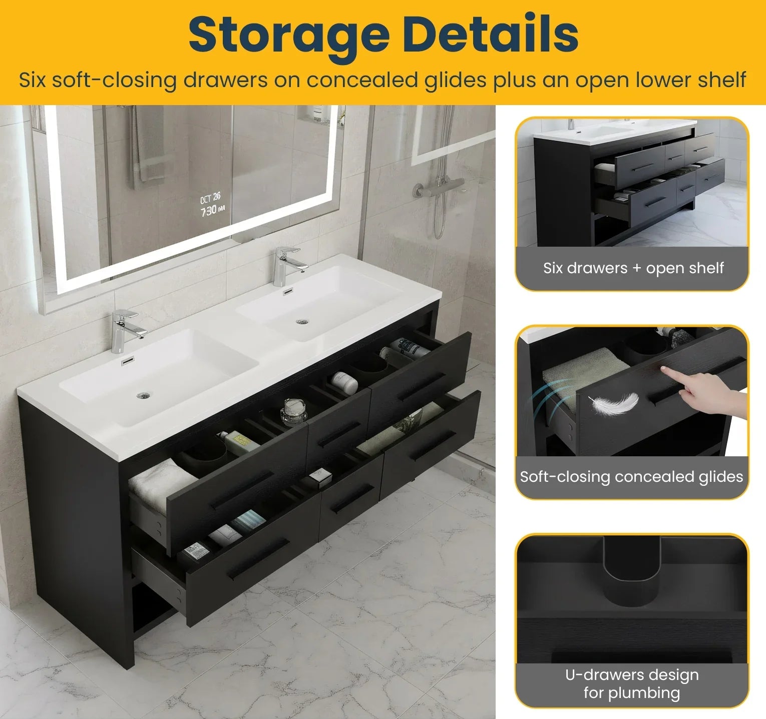 60" Black Oak Freestanding Double Sink Bathroom Vanity with White Polymarble Countertop