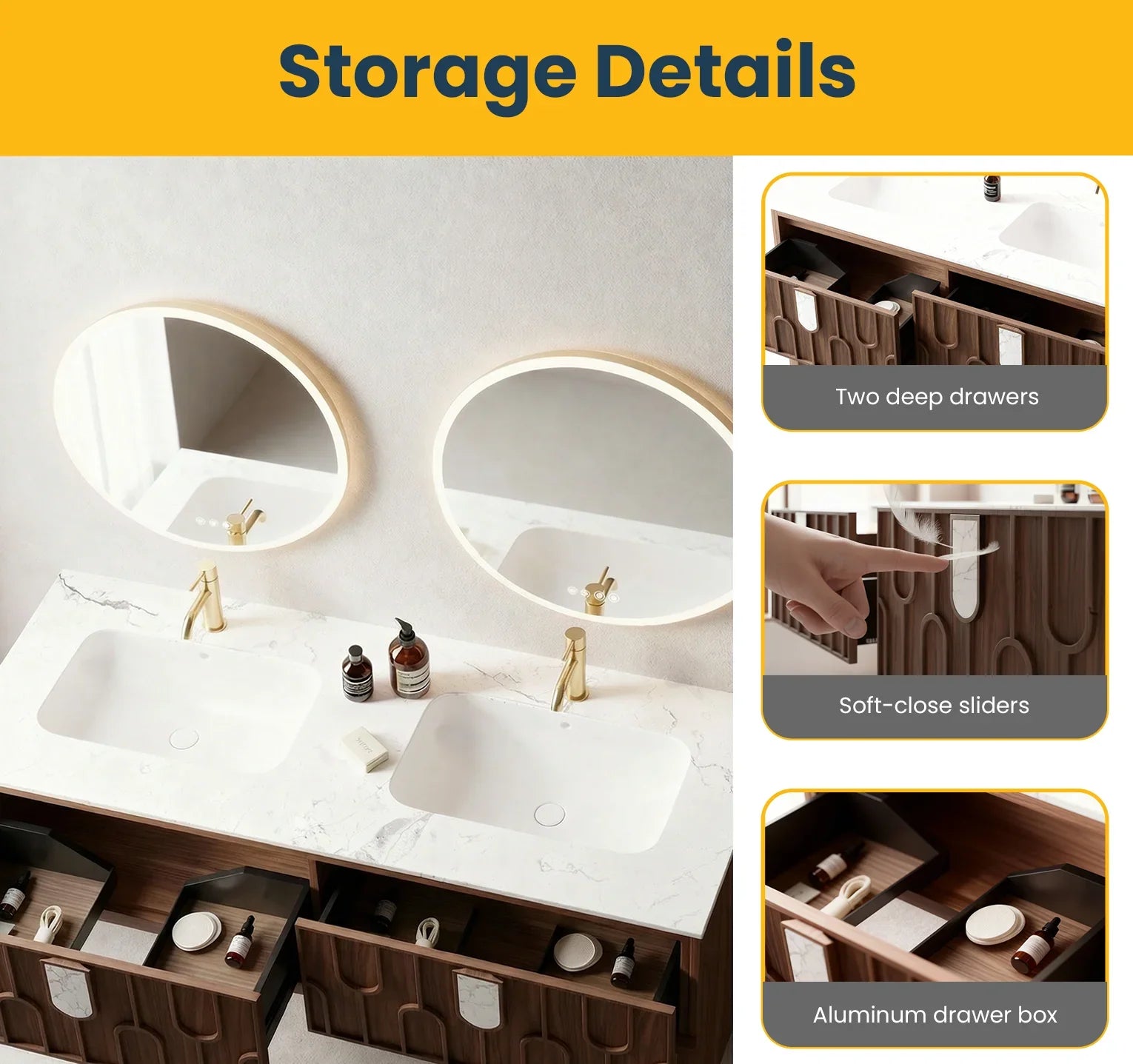 Belfort 60" Double Sink Walnut Vanity - White Carrera Marble Top