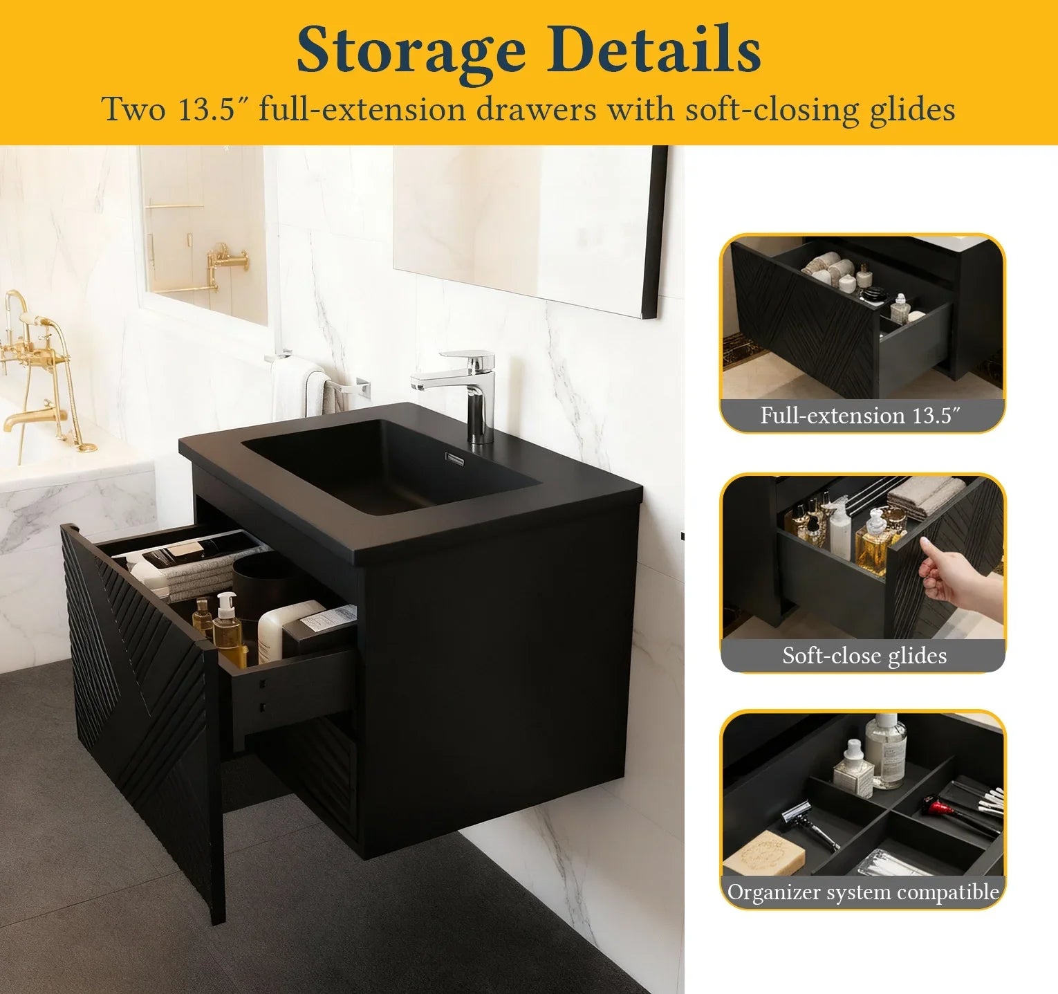 Meuble-lavabo mural noir 36" avec Comptoir en quartz noir conçu Roxboro