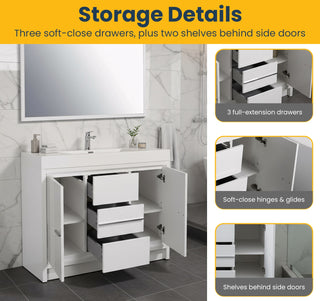 48" Glossy White Freestanding Single Sink Bathroom Vanity with White Polymarble Countertop