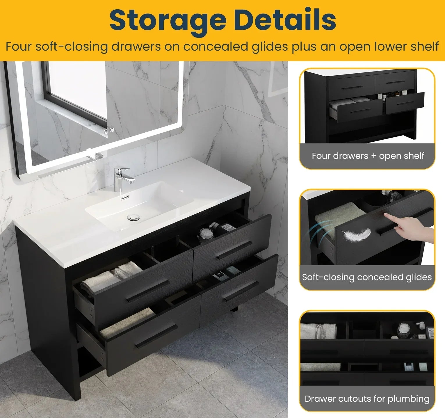 Meuble-lavabo autoportant noir en chêne brut de 48" avec Comptoir en polymarbre blanc