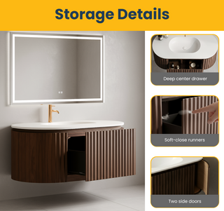 Meuble-lavabo Andorra 48 po en noyer courbé et cannelé - Comptoir blanc mat