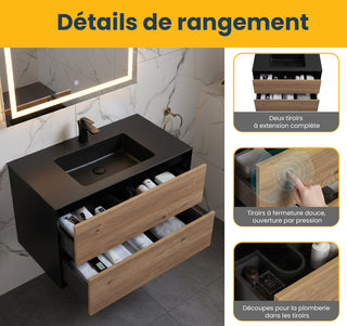 Meuble-Lavabo Mural 36po Noir et Chêne Brut avec Comptoir de Quartz d'ingénierie Noir