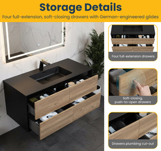 48" Black & Rough Oak Wall Mount Single Sink Bathroom Vanity with Black Engineered Quartz Countertop