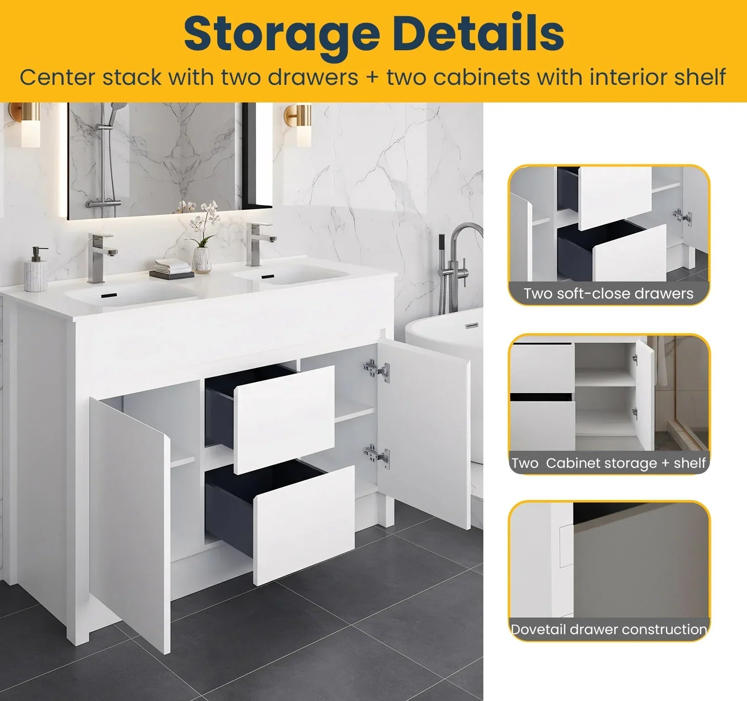Meuble-Lavabo Autoportant 48po Blanc Mat avec Comptoir de Céramique Blanc
