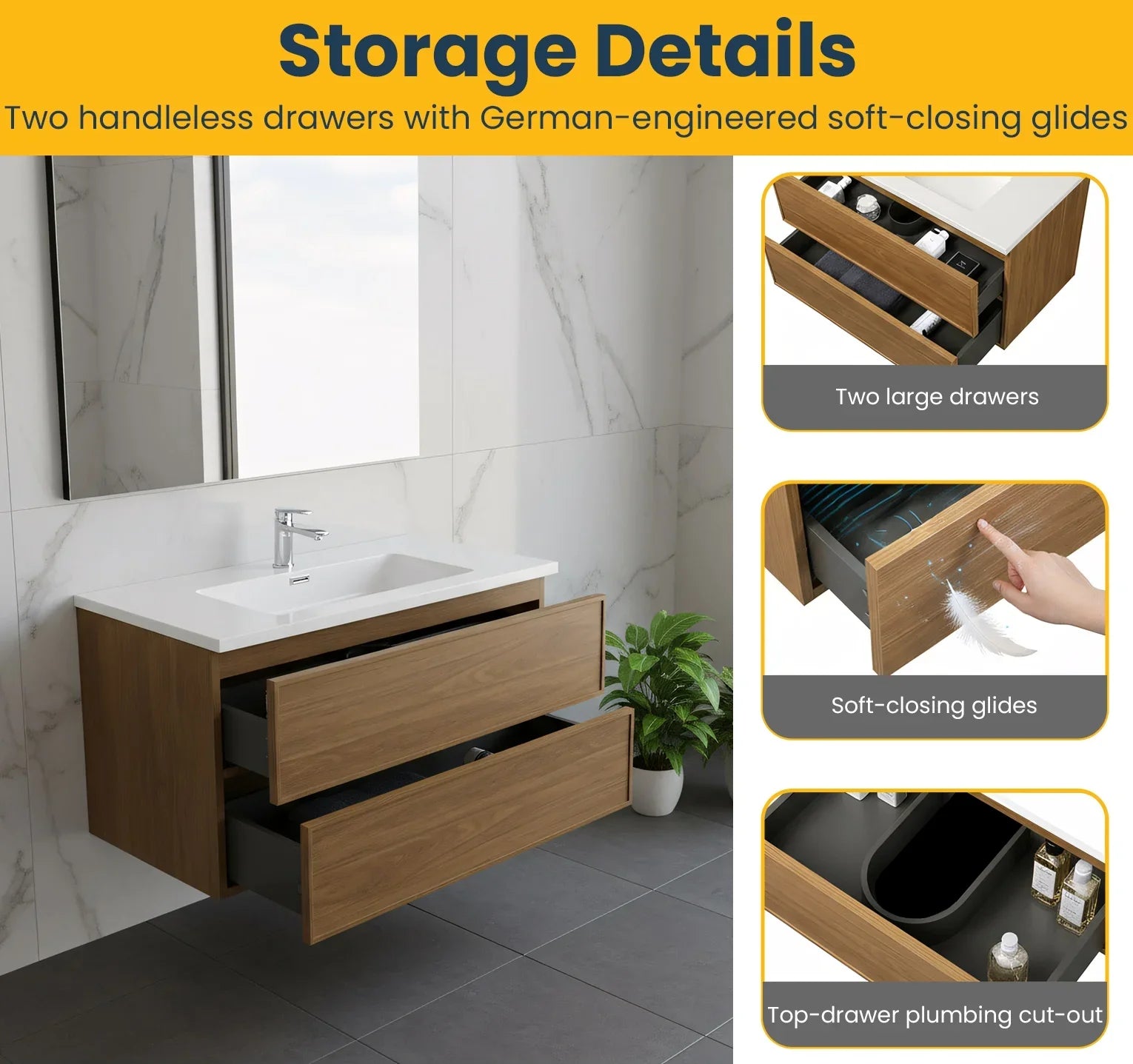 36" Honey Gold Walnut Wall Mount Bathroom Vanity with White Polymarble Countertop