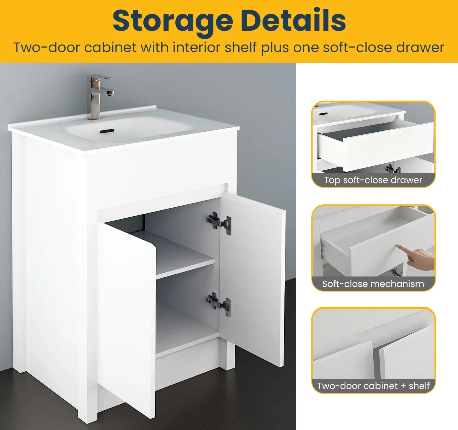 Meuble-Lavabo Autoportant 24po Blanc Mat avec Comptoir de Céramique Blanc