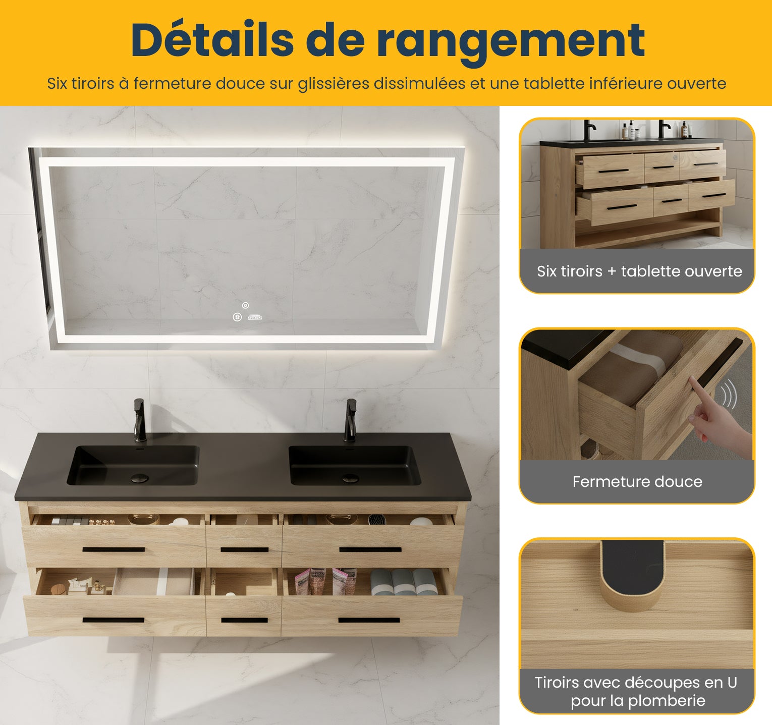 Meuble-Lavabo Autoportant 72po Chêne Brut avec Comptoir de Quartz d'ingénierie Noir