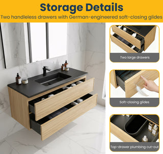 Meuble-Lavabo Mural 48po Noyer Couchant avec Comptoir de Quartz d'ingénierie Noir