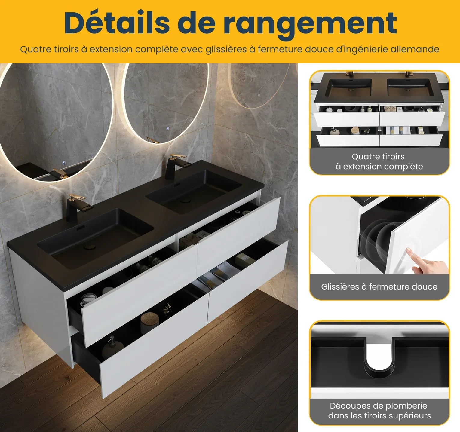 60" White Wall Mount Double Sink Bathroom Vanity with Black Engineered Quartz Countertop