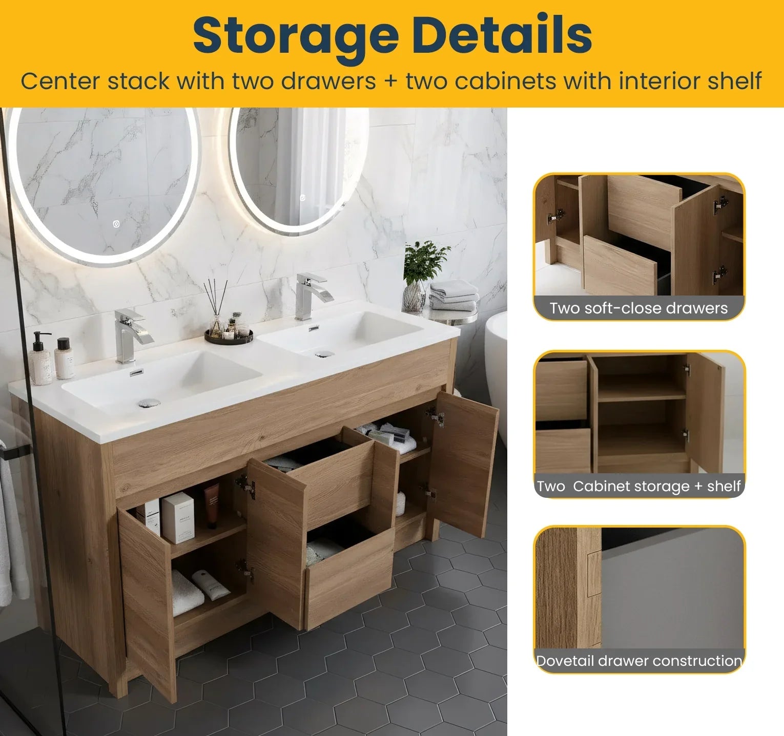 60" Rough Oak Freestanding Double Sink Bathroom Vanity with White Polymarble Countertop