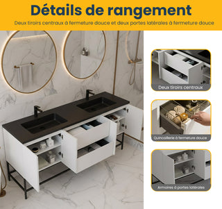 Meuble-Lavabo Mural 72po Blanc avec Comptoir de Quartz d'ingénierie Noir