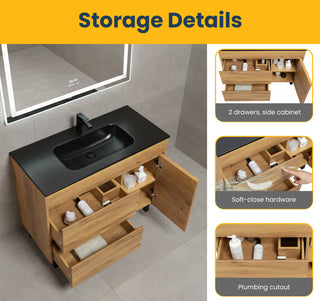 40" Frosted Oak Freestanding Single Sink Bathroom Vanity with Black Ceramic Countetop