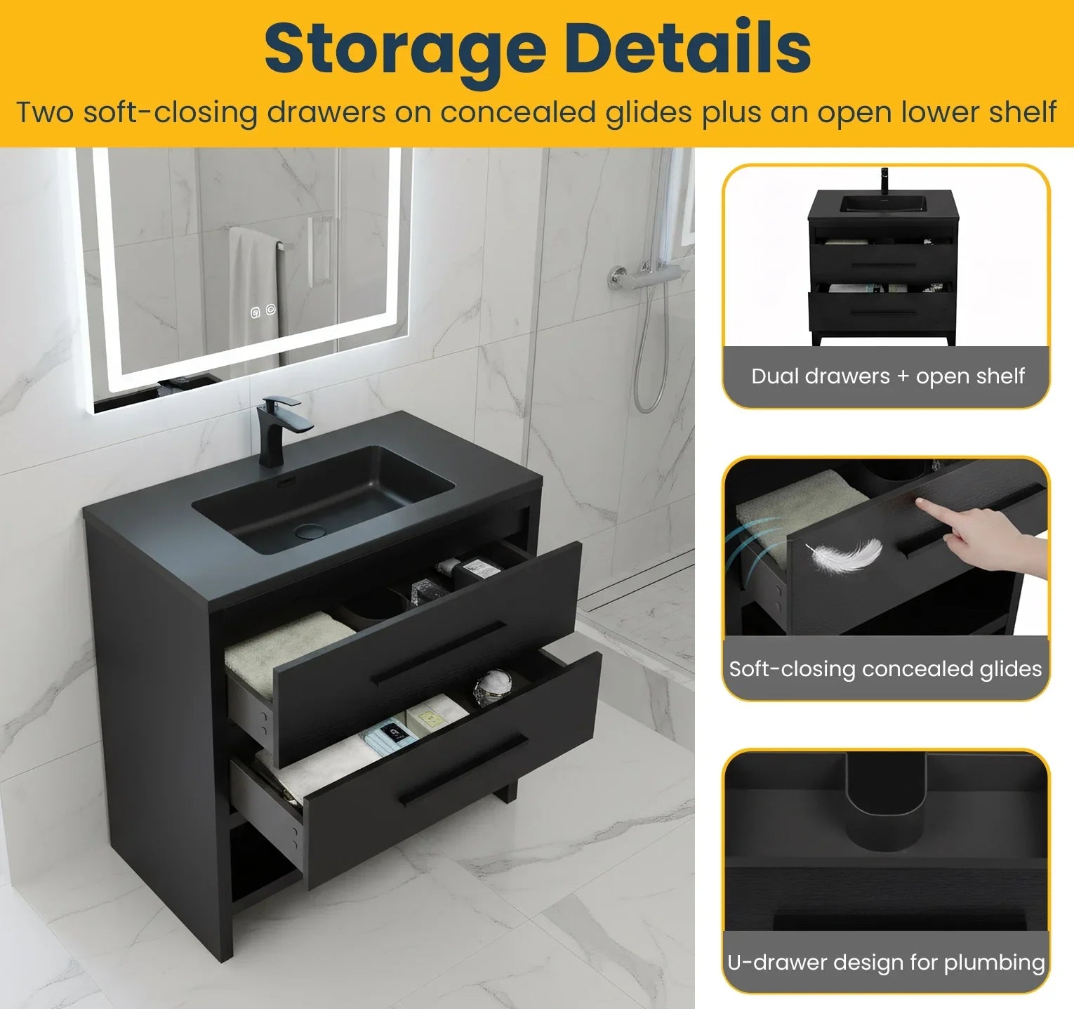 30" Black Oak Freestanding Single Sink Bathroom Vanity with Black Engineered Quartz Countertop