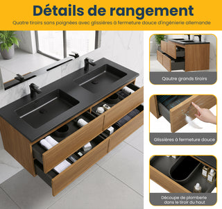 Meuble-Lavabo Mural 60po Noyer Miel Doré avec Comptoir de Quartz d'ingénierie Noir