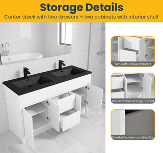 60" Matte White Freestanding Double Sink Bathroom Vanity with Black Engineered Quartz Countertop
