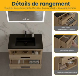 Meuble-lavabo autoportant en chêne brut 36" avec Comptoir en quartz noir reconstitué