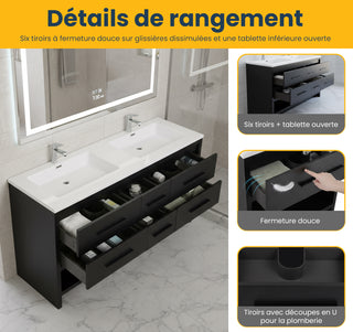 60" Black Oak Freestanding Double Sink Bathroom Vanity with White Polymarble Countertop