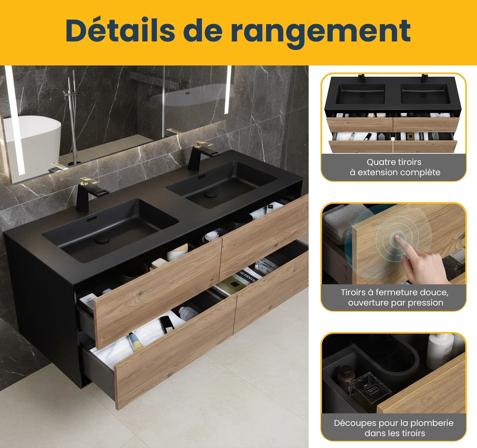 60" Black & Rough Oak Wall Mount Double Sink Bathroom Vanity with Black Engineered Quartz Countertop