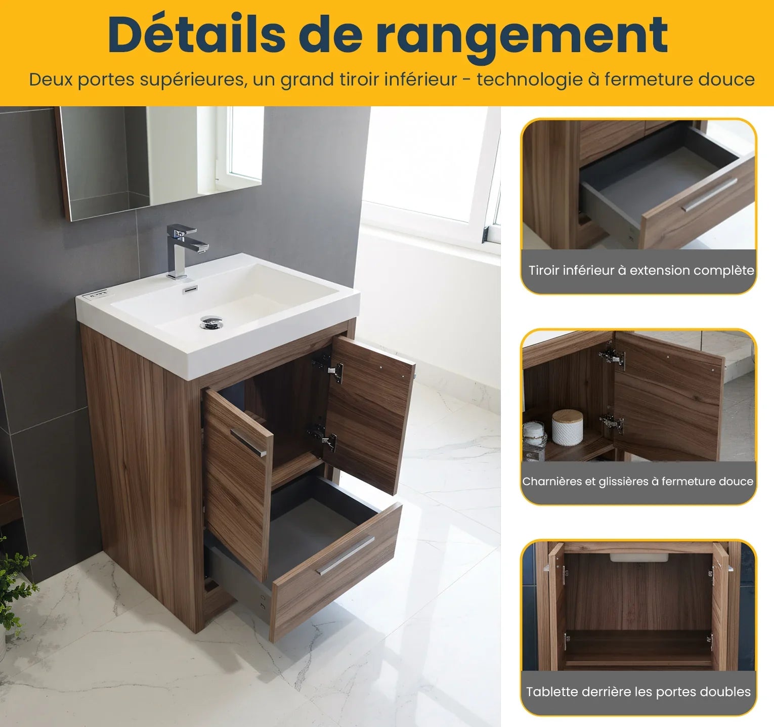 24" Walnut Freestanding Bathroom Vanity with White Polymarble Countertop