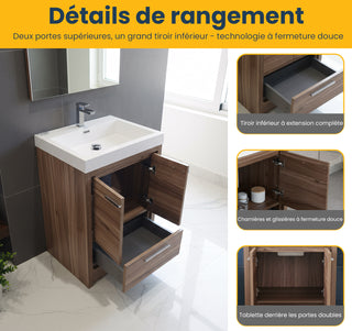 24" Walnut Freestanding Bathroom Vanity with White Polymarble Countertop