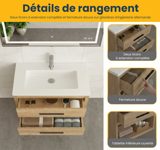 Meuble-lavabo autoportant en chêne brut 36" avec Comptoir en polymarbre blanc