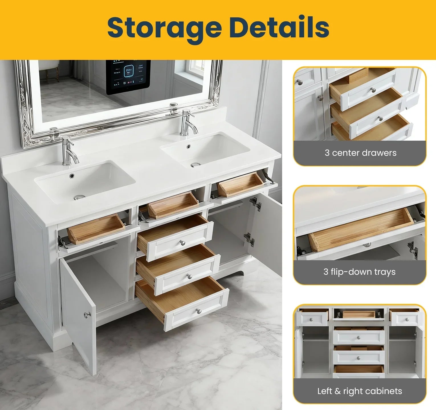 60" White Freestanding Double Sink Bathroom Vanity with Solid White Quartz Countertop