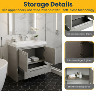 Meuble-Lavabo Autoportant 36po Ciment avec Comptoir de Polymarbre Blanc 