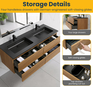 Meuble-Lavabo Mural 60po Noyer Miel Doré avec Comptoir de Quartz d'ingénierie Noir